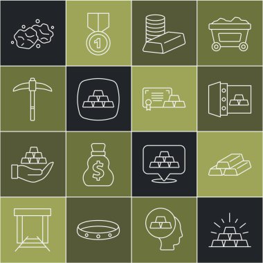 Altın külçeler, altın, bozuk para, kazma, külçe ve sertifika ikonu. Vektör