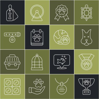 Pet ödülü sembolü, Köpek, Takvim tımarı yaka kartı, köprücük kemiği ve evcil hayvan ikonu. Vektör