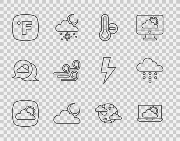 Meteoroloji termometresi, uydulu bulut, Fahrenheit, rüzgarlı hava, Dünya gezegeni bulutları ve yağmur ikonu. Vektör