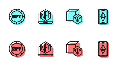 Satır NFT Dijital Şifreleme Sanat Dizüstü Bilgisayarı 'nı depolama uygulaması ve Ethereum ETH simgesi ile ayarla. Vektör.