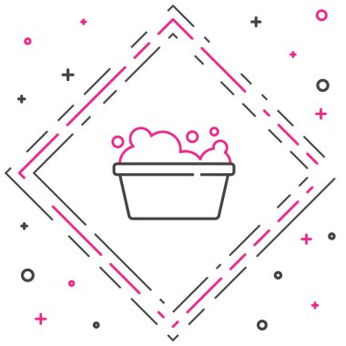 Beyaz zemin üzerinde sabun köpüğü simgesi olan çizgi plastik leğen. Sulu kase. Çamaşır yıkama, temizlik malzemeleri. Renkli taslak konsepti. Vektör.