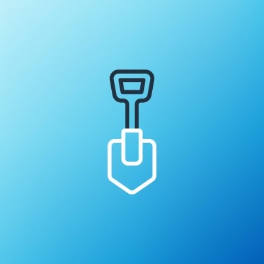 Mavi arkaplanda çizgi küreği simgesi izole edildi. Bahçe aletleri. Bahçecilik, tarım, çiftçilik aleti. Renkli taslak konsepti. Vektör