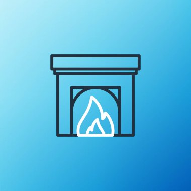 Mavi arka planda izole edilmiş çizgi iç şömine ikonu. Renkli taslak konsepti. Vektör