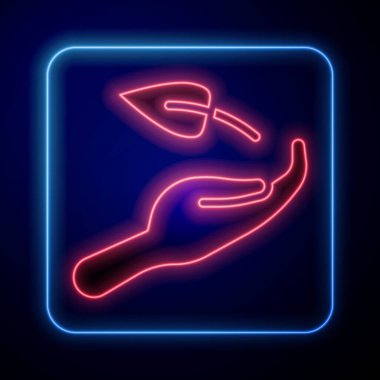 Parlayan neon filizi, siyah arka planda izole edilmiş çevre koruma ikonunun elinde. Tohum ve tohum. Fidan dikiyorum. Ekoloji konsepti. Vektör.