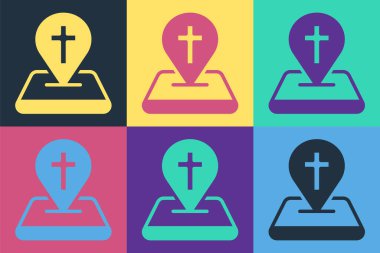 Pop Art Harita broş kilise ikonu renk arkaplan izole. Hıristiyan Kilisesi. Kilisenin dini. Vektör.