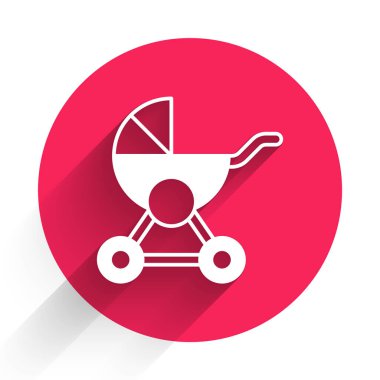 Beyaz Bebek Bebek puseti simgesi uzun gölge arkaplanı ile izole edildi. Bebek arabası, at arabası, bebek arabası, bebek arabası, tekerlek. Kırmızı daire düğmesi. Vektör