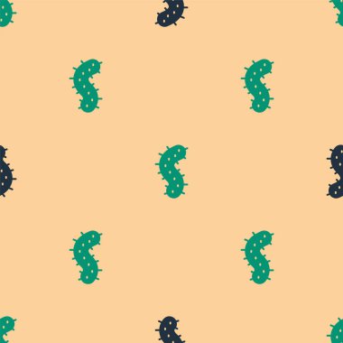 Yeşil ve siyah virüs ikonu, bej arka planda kusursuz desen izole etti. Corona virüsü 2019-nCoV. Bakteri ve mikroplar, hücre kanseri, mikrop, mantar. Vektör