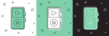 Müzik çalar simgesini beyaz ve yeşil, siyah arkaplanda izole et. Taşınabilir müzik cihazı. Vektör