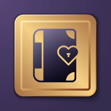 Purple Love günlük not defteri albüm simgesi mor arkaplanda izole edildi. Sevgililer günün kutlu olsun. Altın kare düğme. Vektör