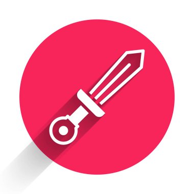 Beyaz Ortaçağ kılıç ikonu uzun gölgeli arka planda izole edilmiş. Ortaçağ silahı. Kırmızı daire düğmesi. Vektör