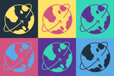 Dünya 'nın yörüngesindeki Pop Art Yapay Uyduları dış uzay ikonunda renk arkaplanı izole edilmiş. İletişim, navigasyon konsepti. Vektör