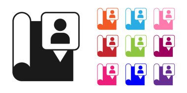 Beyaz arkaplanda konum belirleyici simgesi olan siyah katlı harita. Simgeleri renklendirin. Vektör