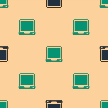 Yeşil ve siyah dizüstü bilgisayar simgesi, bej arkaplandaki kusursuz deseni izole etti. Boş ekran işaretli bilgisayar defteri. Vektör