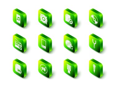 Stereo hoparlörünü ayarla, notalı müzik kitabı, CD veya DVD disk, müzikal ayar çatalı, Mikrofon, Vinil, Drum ve Hoparlör sessiz simgesi. Vektör