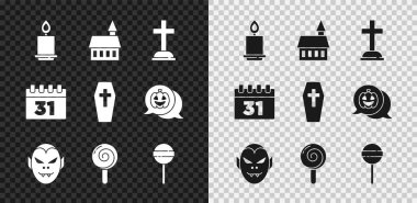 Yanan mumu, Castle 'ı, haçlı Tombstone' u vampir, lolipop, takvim cadılar bayramını ve tabut ikonunu ayarla. Vektör