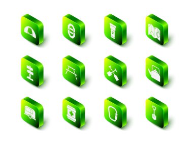 Rafting teknesi, el feneri, haritada ormanın konumu, sapı, küreği, küreği, küreği, karabinası ve ilk yardım seti ikonu olan bir çaydanlık. Vektör