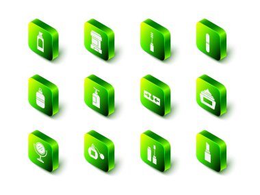 Terleme önleyici deodorant rulosu, Mascara fırçası, tırnak törpüsü, krem losyon kozmetik tüpü, ruj, sivilce ve parfüm ikonu hazırlayın. Vektör