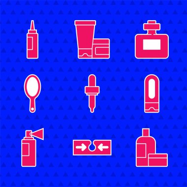 Pipette, Sivilce, Krem veya Losyon Kozmetik Tüpü, Şampuan, Parfüm, El Aynası ve İkona. Vektör