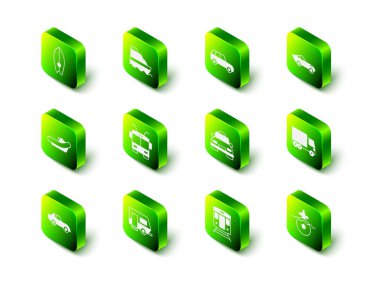 Yolcu gemisi, araba, kargo kamyonu, denizaltı, taksi, tren ve tren yolu ve karavan kampı ikonu. Vektör