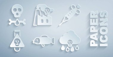 Kirpi balığı, şırınga, iksirli şişe, asit yağmuru fabrikadan duman, kemik ve kafatası ikonu. Vektör