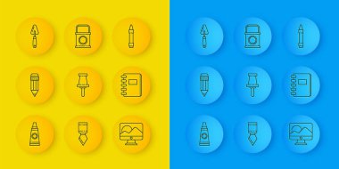 Boya paleti, silgi, raptiye, bilgisayar monitörü, sarmal defter, palet bıçağı, boya kovası ikonu ve çizim için mum boya kalemleri ile çizgi tübünü ayarlayın. Vektör