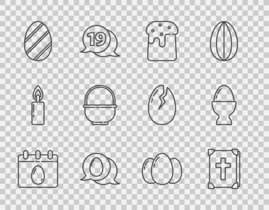 Paskalya yumurtası, kutsal kitap, pasta, konuşma balonlu paskalya, sepet, yumurta ve ayakta duran ikon ile takvim ayarla. Vektör