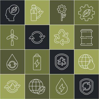 Geri dönüşüm sembolünü kalkanın içine koyun, Dünya gezegeni su damlası, Varil, Yaprak bitkisi dişli makinesi, Refresh, Rüzgar türbini, yapraklı ve ikonlu insan kafası. Vektör