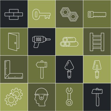 Çekiç, Trowel, tahta merdiven, altıgen metal fındık, elektrikli matkap, kapalı kapı, tuğla ve endüstriyel metal boru ikonu. Vektör