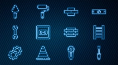 Tornavida, tahta merdiven, tuğla, elektrik prizi, İngiliz anahtarı, Trowel ve boya fırçası ikonu. Vektör