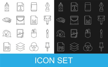 Satır Push pin, boya fırçası, silgi veya kauçuk, kova, kırmızı göz efekti, sprey kutusu ve kimlik dosya simgesi. Vektör