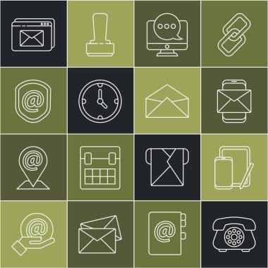 Telefon, telefon ve grafik tableti, cep telefonu zarfı, sohbet mesajı bildirim monitörü, e-posta ile saat, kalkan, web sitesi ve zarf simgesini ayarla. Vektör