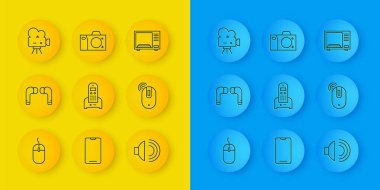 Bilgisayar faresi, hava kulaklıkları, telefon, hoparlör sesi, kablosuz bilgisayar, Retro sinema kamerası, mikrodalga fırın ve fotoğraf ikonu ayarla. Vektör