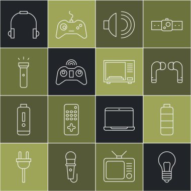 Fikir kavramına sahip çizgi lambası, pil şarj seviyesi göstergesi, hava kulaklığı, hoparlör sesi, kablosuz oyun alanı, el feneri, kulaklık ve mikrodalga fırın ikonu. Vektör