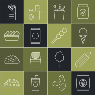 Hard bread chucks krakerleri, French hot dog, waffle külahında dondurma, tavuk budu paketi, samanlı soda kutusu, nugget, Doner kebap ve köfte çubuğu ikonu. Vektör
