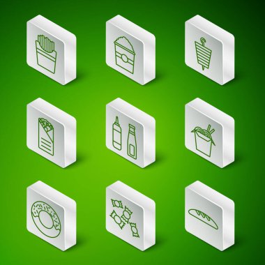 Ekmek somunu, Candy, patates kızartması, sos şişesi, Doner kebabı, patlamış mısır, çörek ve Asya erişte çubuğu ikonu. Vektör