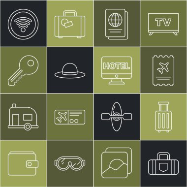 Bavul, uçak bileti, pasaport, zarif kadın şapkası, anahtar, kablosuz internet ağı ve Online otel rezervasyon ikonu. Vektör