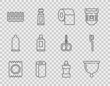 Prezervatifi paket güvenli sekse, adet bardağına tuvalet kağıdı rulosuna, kağıt havluya, saç fırçasına, temizlik malzemesi şişesine ve diş fırçası ikonuna yerleştir. Vektör