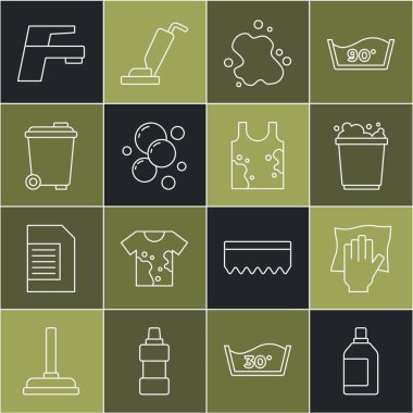 Temizlik şirketi için şişe, temizlik servisi köpüklü kova, su dökülmüş sabun köpüğü, çöp tenekesi, musluk musluğu ve kirli tişört ikonu. Vektör