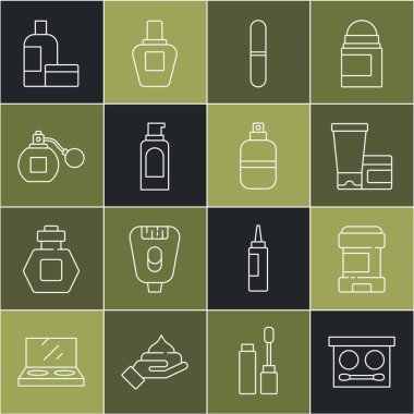 Göz farı paleti, terleme önleyici deodorant rulo, krem losyon kozmetik tüp, tırnak törpüsü, saç spreyi, parfüm ve ikon için sprey kutusu ayarla. Vektör