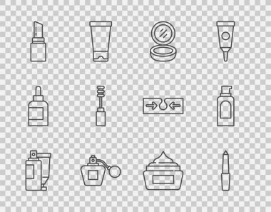 Krem veya losyon kozmetik tüpü, tırnak törpüsü, aynalı makyaj tozu, parfüm, ruj, maskara fırçası ve saç spreyi ikonu için sprey kutusu ayarlayın. Vektör