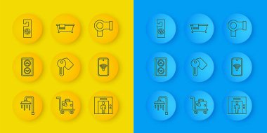 Hat, Duş, Asansör, Otel kapı kilidi, kablosuz cep telefonu, lütfen rahatsız etmeyin, saç kurutma makinesi ve küvet ikonu. Vektör