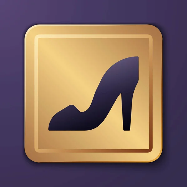 紫色の背景に分離された高いヒールアイコンの紫色の女性の靴 ゴールドスクエアボタン ベクター — ストックベクタ