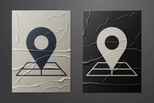 Weiße Faltkarte Mit Ortsmarkierungssymbol Isoliert Auf Zerknittertem Papierhintergrund Papierkunst Vektor — Stockvektor
