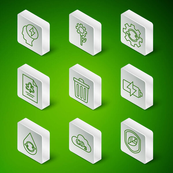 Установка линии Щит с листом, выбросы CO2 в облаке, голова и электрический символ, мусорная корзина, бумага рециркуляции, листья завода передач машины, переработка чистой аква и батареи значок. Вектор