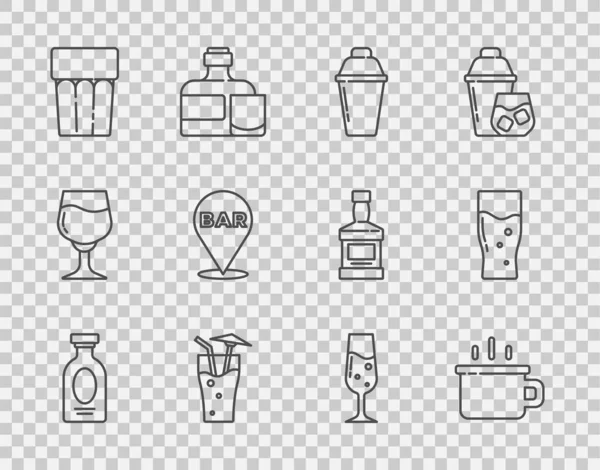 Alkol, rom, kahve fincanı, kokteyl, bardakta su, bar, şampanya ve bira ikonu. Vektör