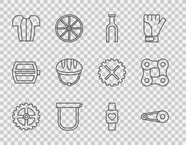 Hat oluşturun bisiklet sproket kolu, teçhizatlı zincir, çatal, kilit, bisiklet tişörtü, miğfer, akıllı saat ve simge. Vektör