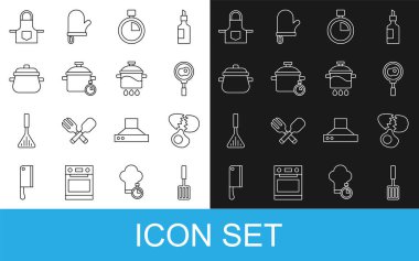 Sabit hat barbekü spatulası, kırık yumurta, kızartma tavasında kızarmış yumurta, Stopwatch, pişirme kabı, mutfak önlüğü ve ikon. Vektör