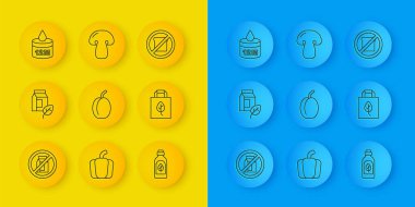 Bir paket süt, vegan, erik suyu, temel yağ şişesi, geri dönüşümlü alışveriş torbası, organik kozmetik, glütensiz tahıl ve mantar ikonu yok. Vektör