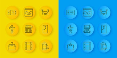 Çizgili kolsuz tişört, kamera için Gimbal dengeleyici, Retro daktilo, kamera rulo kartuşu, sahne arkası, fotoğraf ve video çekimi, İHA uçuşu ve müzik dalga eşitleyici ikonu. Vektör