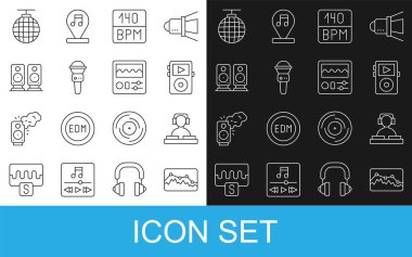 Set hattı Müzik Dalga Dengeleyicisi, DJ müzik çalıyor, oyuncu, Bitrate, Mikrofon, Stereo hoparlörü, Disko topu ve Davul makinesi simgesi. Vektör